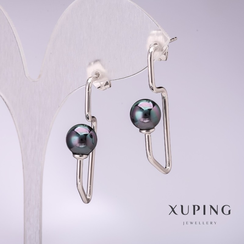 עגילי Xuping עם פנינים שחורות מיורקה 34×8 מ״מ, מצופים רודיום