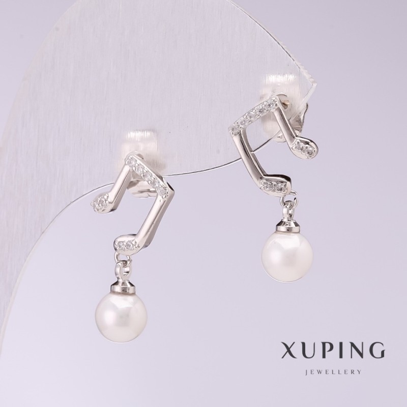 עגילים Xuping «תווים» עם פנינים לבנות מאיורקה 20×6 מ״מ רודיום