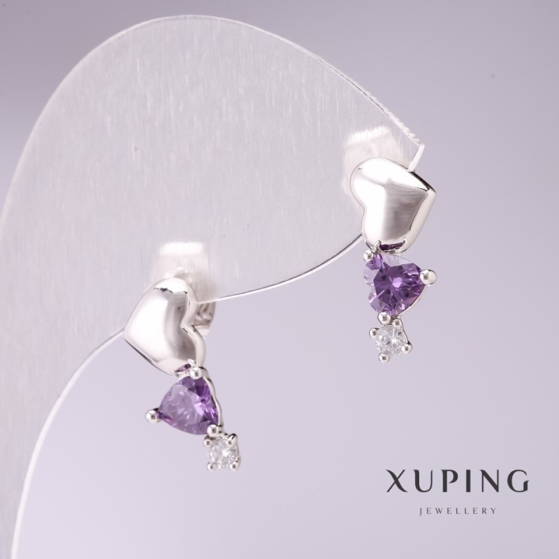 עגילים Xuping - שרשרת לבבות עם אבני לילך 17x7 מ״מ ציפוי רודיום