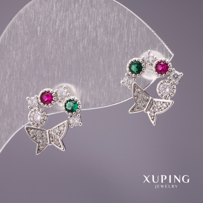 עגילי Xuping סטוד «פרפרים» עם זרקונים בצבע לבן, ירוק ואדום תות, 13×12 מ״מ בציפוי רודיום