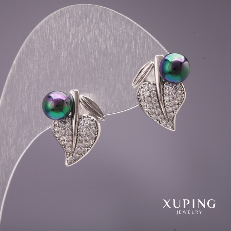 עגילים Xuping עם פנינים מאיורקה שחורות 16×14 מ״מ רודיום