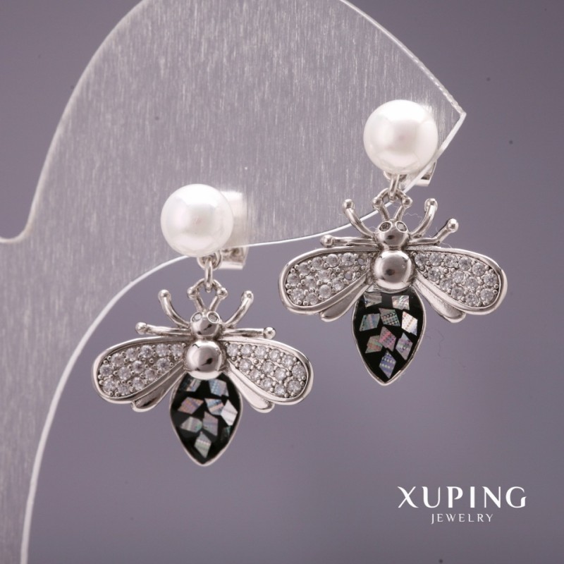 עגילי Xuping סטוד «דבורים» עם פנינים ממאיורקה, צבע לבן, 22×18 מ״מ, ציפוי רודיום