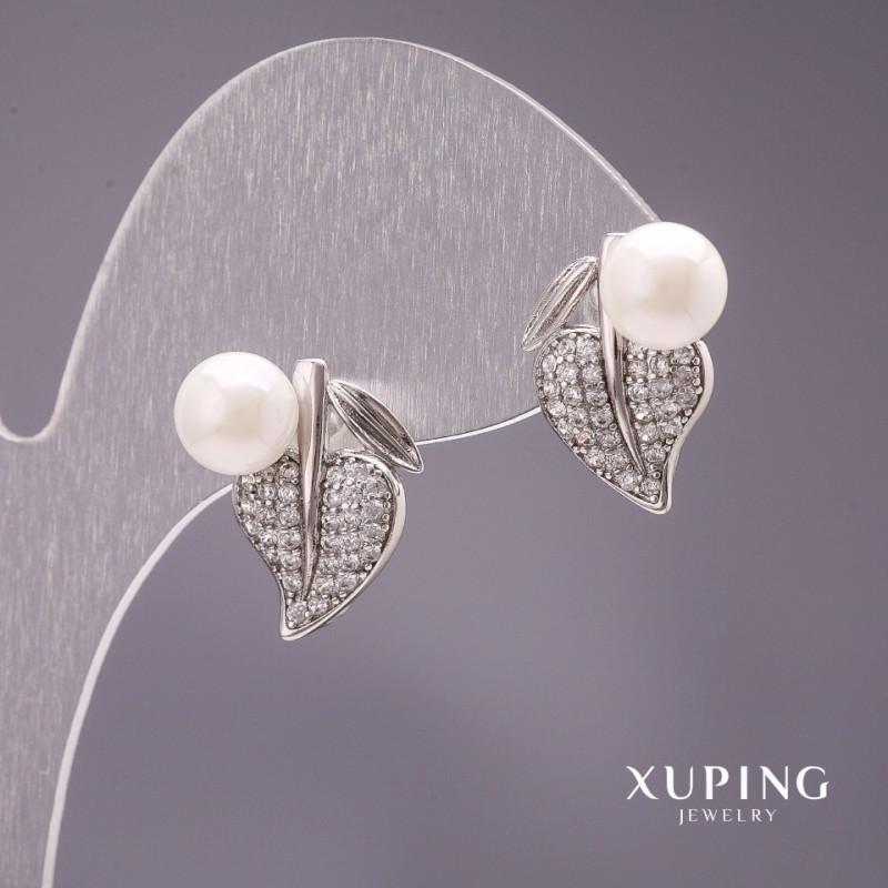 עגילי Xuping עלים עם פנינים ממאיורקה בצבע לבן 17×13 מ״מ רודיום