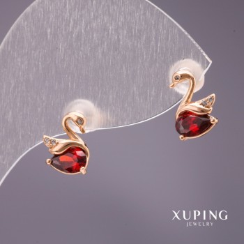 עגילים Xuping סטוד כדוריים בצורת ברבור עם אבן אדומה, 10×7 מ״מ, זהב 18 קראט