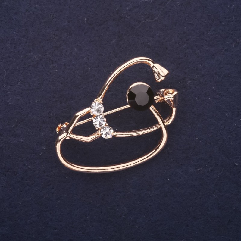 סיכת סטטוסקופ שחורה ולבנה עם קריסטלים, מתכת זהובה, 37×26 מ״מ