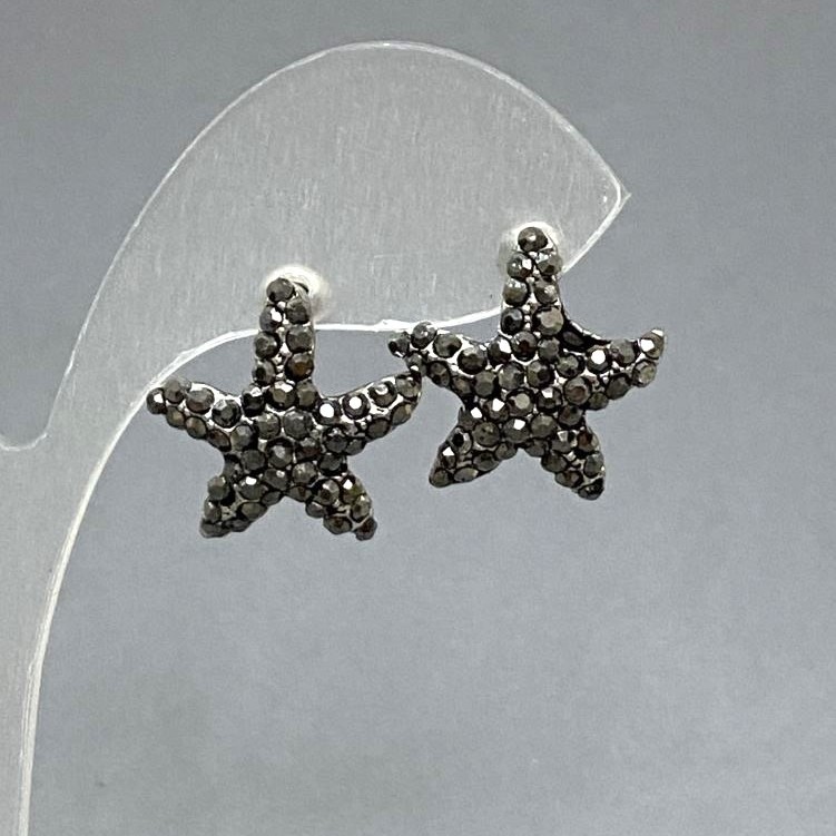 עגילי סטוד כוכב ים, זרקונים כהים, מתכת בצבע כסף, 20 מ״מ