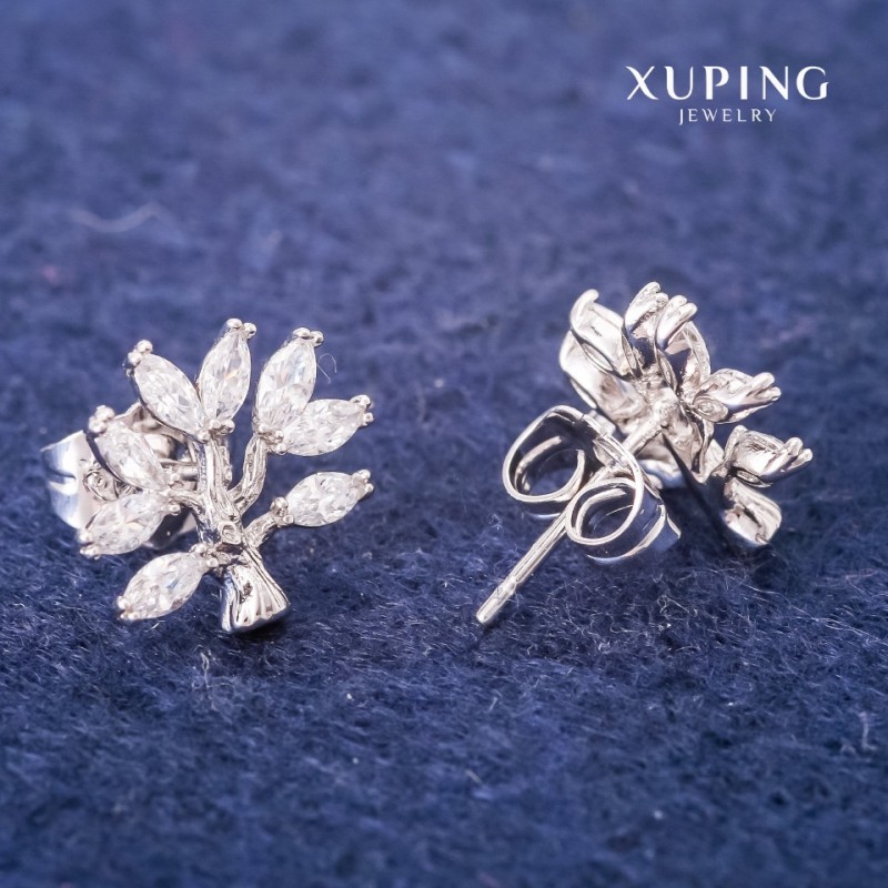 עגילי Xuping עגילי סטוד וחישוקים, עץ עם אבנים לבנות 12×13 מ״מ, רודיום