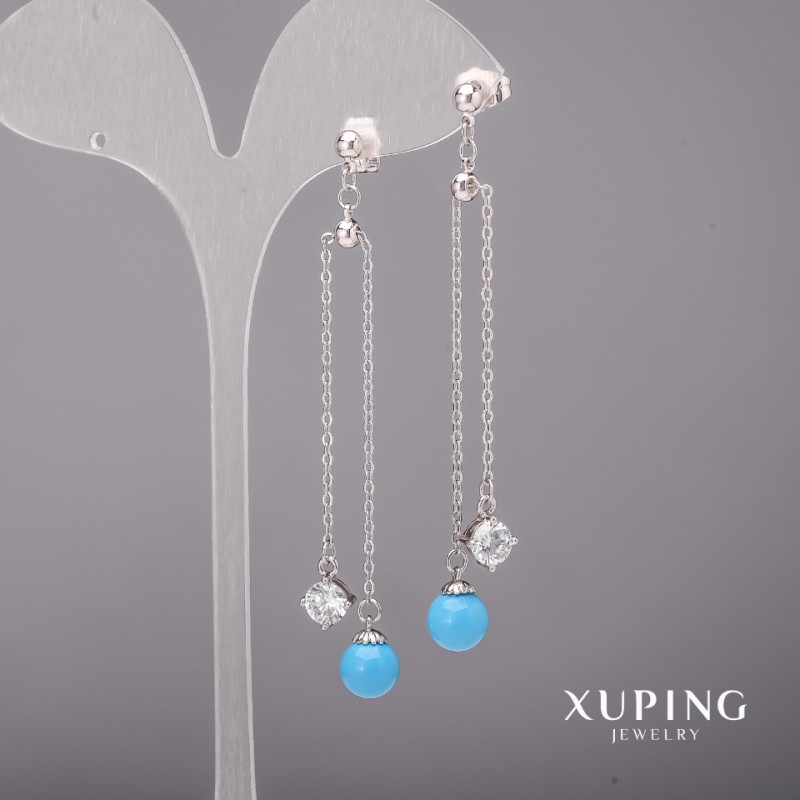 עגילים Xuping עם פניני מאיורקה ואבני לבנים 8×80 מ״מ, ציפוי רודיום
