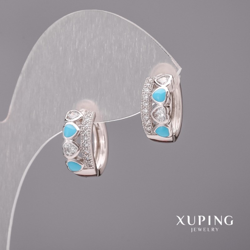 עגילים Xuping עם אבנים לבנות ואמייל כחול 6×15 מ״מ רודיום