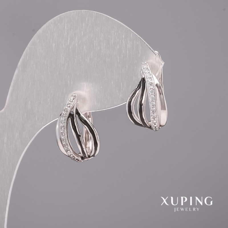 עגילים Xuping עם אבני לבן ואמייל שחור 10×16 מ״מ — ציפוי רודיום