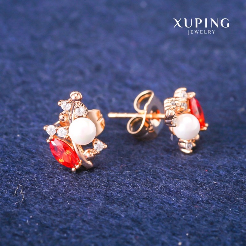 עגילי סטוד Xuping עם קריסטלים אדומים ופנינה ממיורקה, קוטר 8×13 מ״מ, זהב מצופה 18 קראט