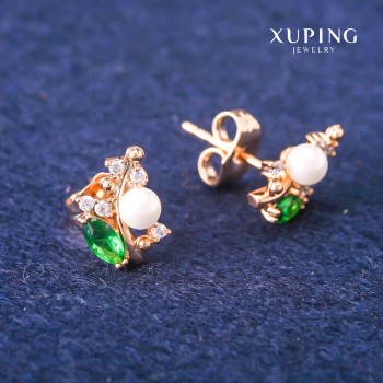 עגילי סטוד כדוריים Xuping עם קריסטלים ירוקים ופנינת מאורקה, קוטר 8×13 מ״מ, זהב מצופה 18K