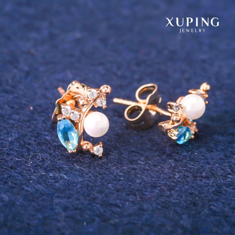 עגילי סטוד Xuping עם קריסטלים כחולים ופנינת מאיורקה, קוטר 8×13 מ״מ. זהב מצופה 18K