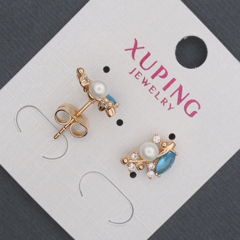 עגילי סטוד Xuping עם קריסטלים כחולים ופנינת מאיורקה, קוטר 8×13 מ״מ. זהב מצופה 18K
