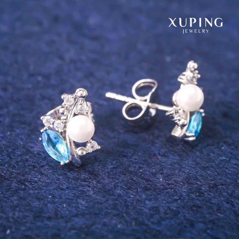 עגילים סטוד Xuping עם קריסטלים כחול בהיר ופנינת מאיורקה, בקוטר 8×13 מ״מ, ציפוי רודיום