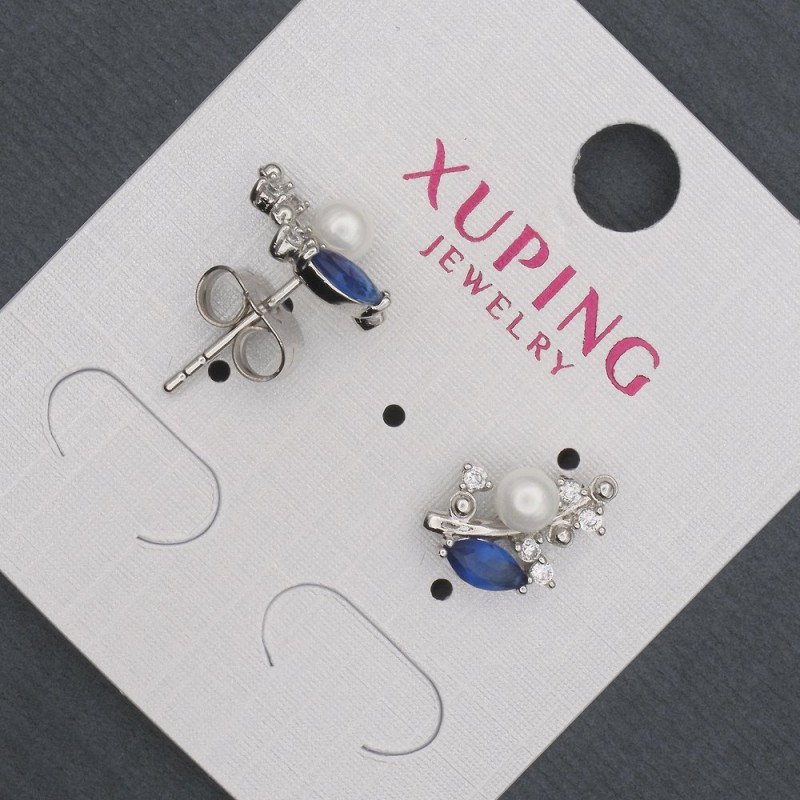 עגילי סטוד כדוריים Xuping עם גבישים כחולים ופנינים ממאיורקה, קוטר 8×13 מ"מ, רודיום