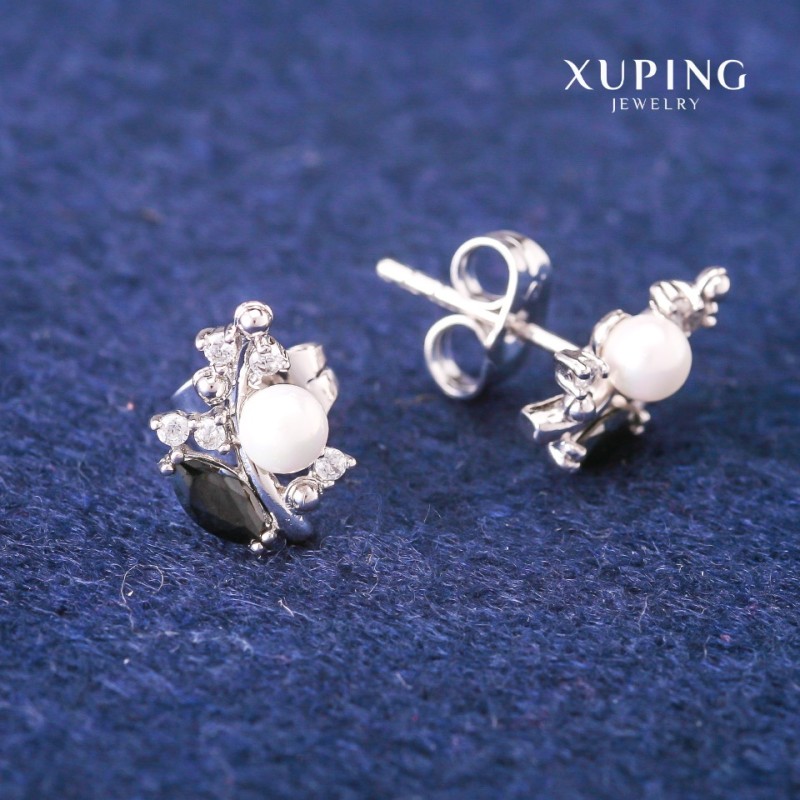 עגילים סטוד כדוריים Xuping עם קריסטלים שחורים ופנינים מאיורקה, קוטר 8×13 מ״מ, רודיום