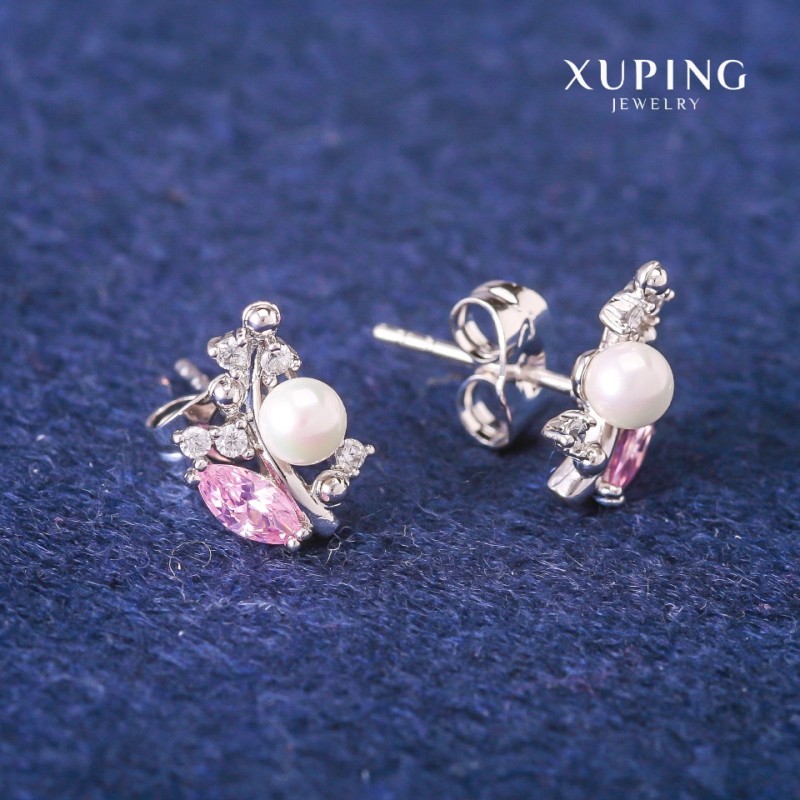 עגילי סטוד כדוריים Xuping עם גבישי ורודים ופנינת מאיורקה, קוטר 8×13 מ״מ — ציפוי רודיום