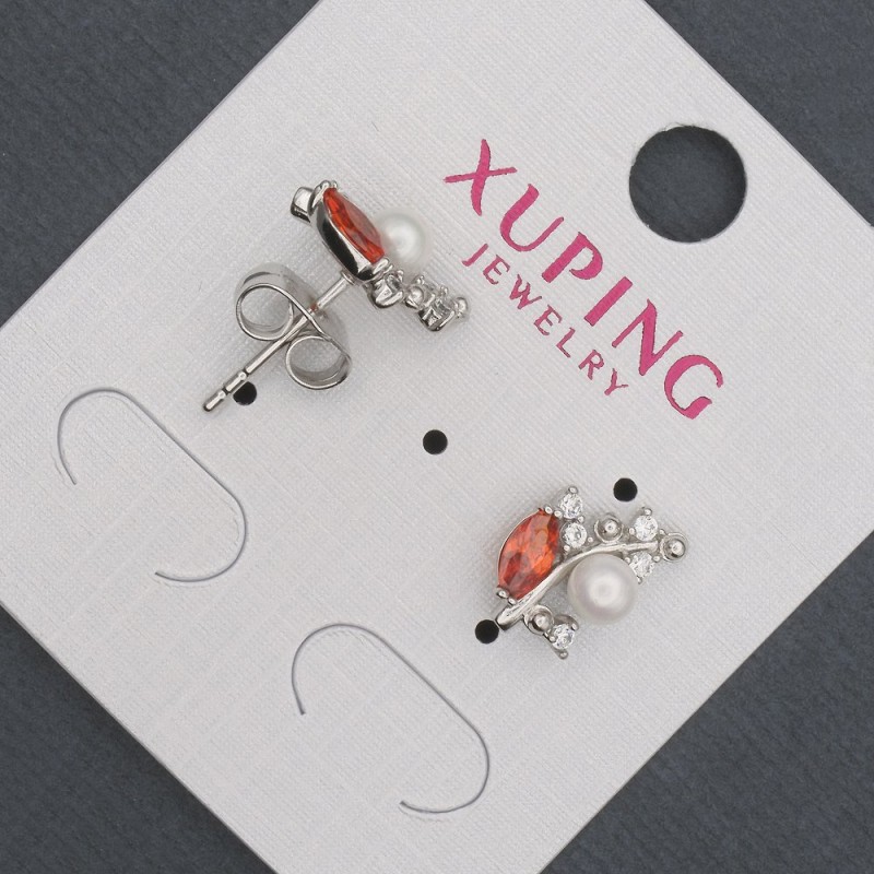 עגילים סטוד Xuping עם קריסטלים אדומים ופנינים מאיורקה, קוטר 8×13 מ״מ, ציפוי רודיום