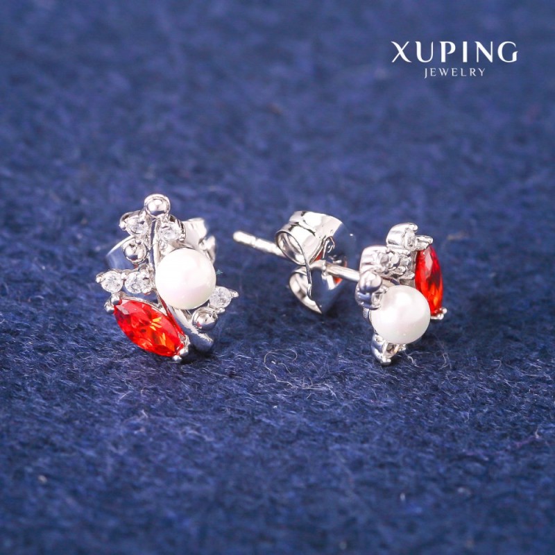 עגילים סטוד Xuping עם קריסטלים אדומים ופנינים מאיורקה, קוטר 8×13 מ״מ, ציפוי רודיום