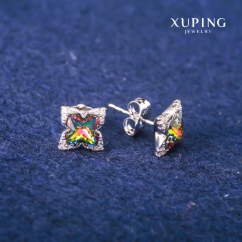 עגילי פוסטים כדוריים Xuping עם קריסטלי Swarovski בגווני הקשת, קוטר 9×13 מ״מ, רודיום