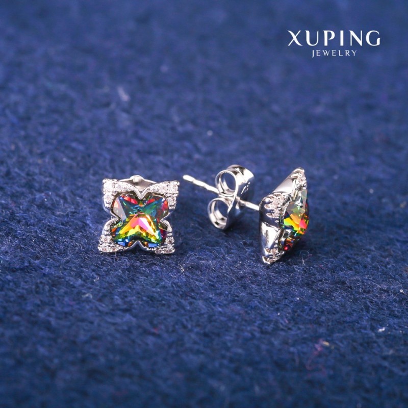 עגילי פוסטים כדוריים Xuping עם קריסטלי Swarovski בגווני הקשת, קוטר 9×13 מ״מ, רודיום