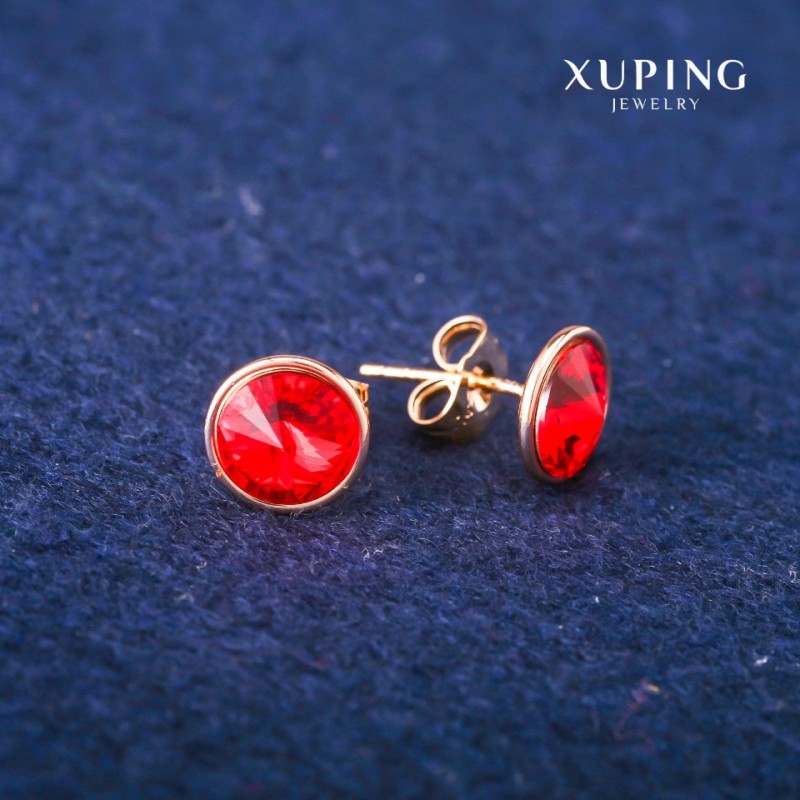 עגילי סטוד Xuping עם קריסטלי Swarovski אדומים, קוטר 10 מ״מ, ציפוי זהב 18K