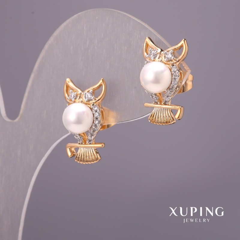 עגילים Xuping עם פנינים ממאיורקה ואבני חן לבנות «ינשוף» 9×17 mm זהב מצופה 18K