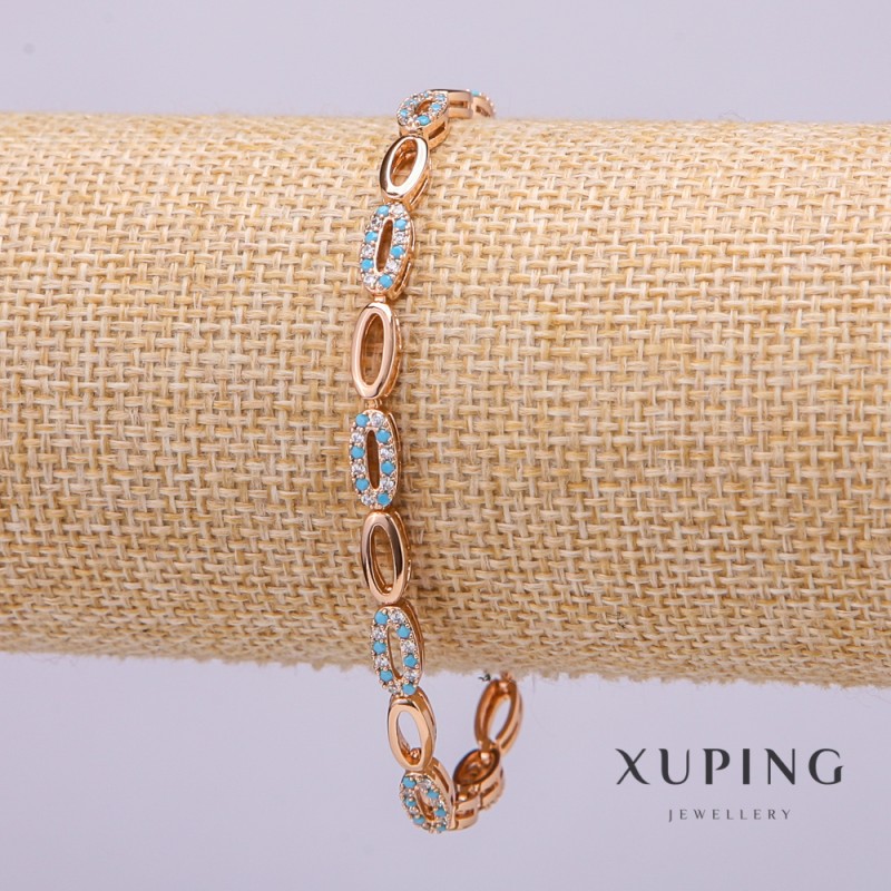 צמיד Xuping עם אבנים לבנות וכחולות בהירות, עובי 4 מ״מ, אורך 19 ס״מ, מצופה בזהב