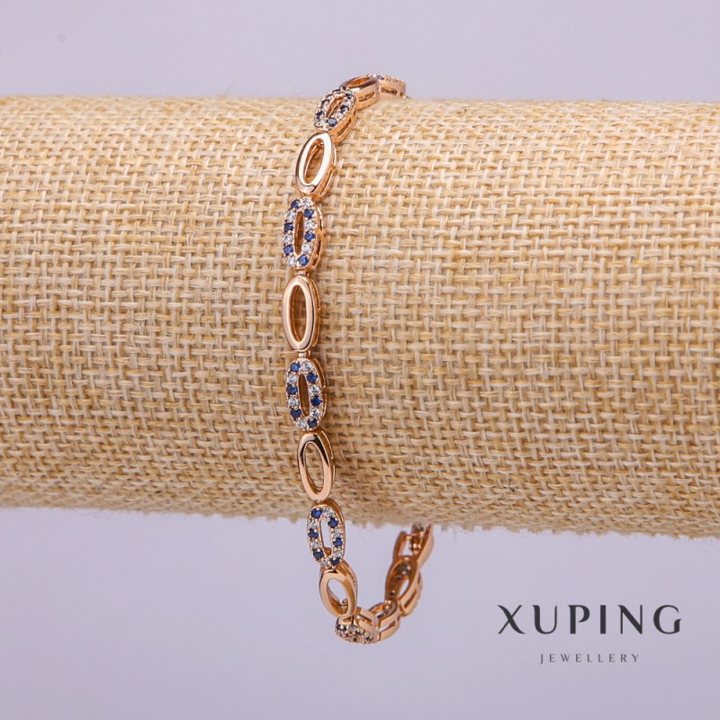 צמיד Xuping עם אבנים לבנות וכחולות, עובי 4 מ״מ, אורך 19 ס״מ, מצופה בזהב