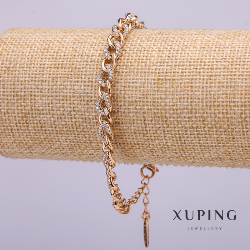 צמיד Xuping עם אבני לבן, עובי 9 מ״מ, אורך 18–20 ס״מ, ציפוי זהב עם שרשרת הארכה