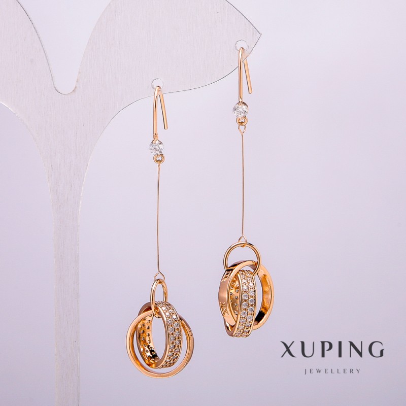 עגילים Xuping בזהב מצופה 18K עם אבן וקריסטלים לבנים, אורך 58 מ"מ +