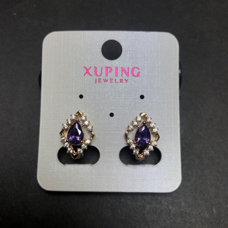 עגילים Xuping בציפוי זהב 18K עם קריסטל סגול וזירקונים לבנים, 15×11 מ״מ +