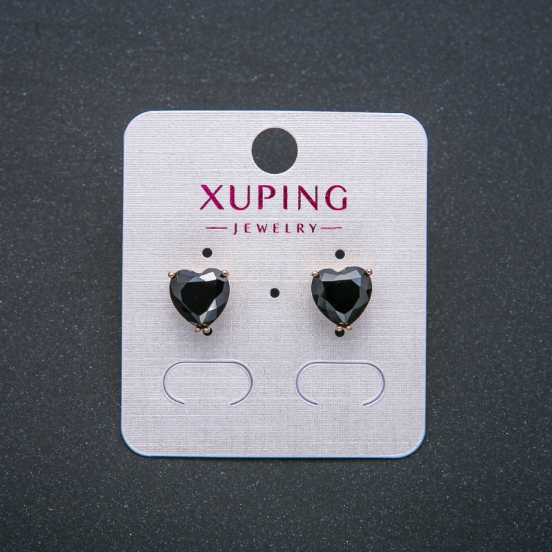 עגלי לב Xuping – עגילי סטוד בציפוי זהב 18K עם קריסטל שחור, קוטר 9 מ״מ +