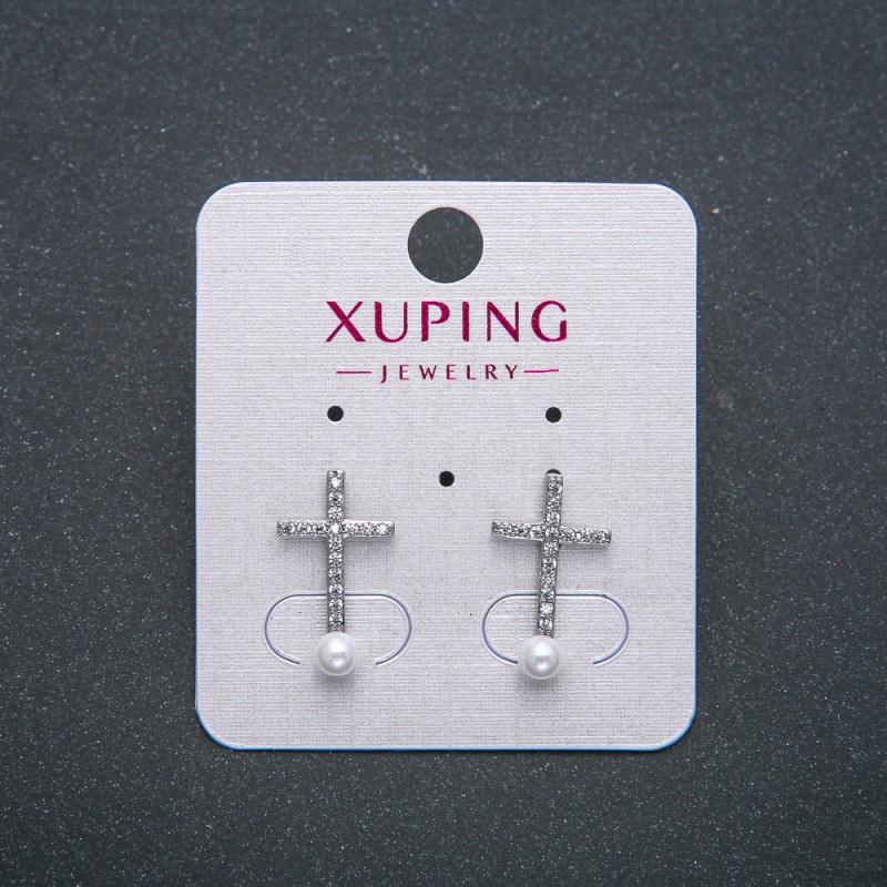 עגילי סטוד כדוריים בצורת צלב Xuping ורודיום עם קריסטלים לבנים וחרוז מרכזי, קוטר 18×10 מ״م +