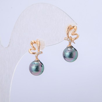 עגילים Xuping מצופים בזהב 18K עם זירקונים לבנים וחרוז שחור בצבע בנזין, קוטר 19×8 מ"מ +