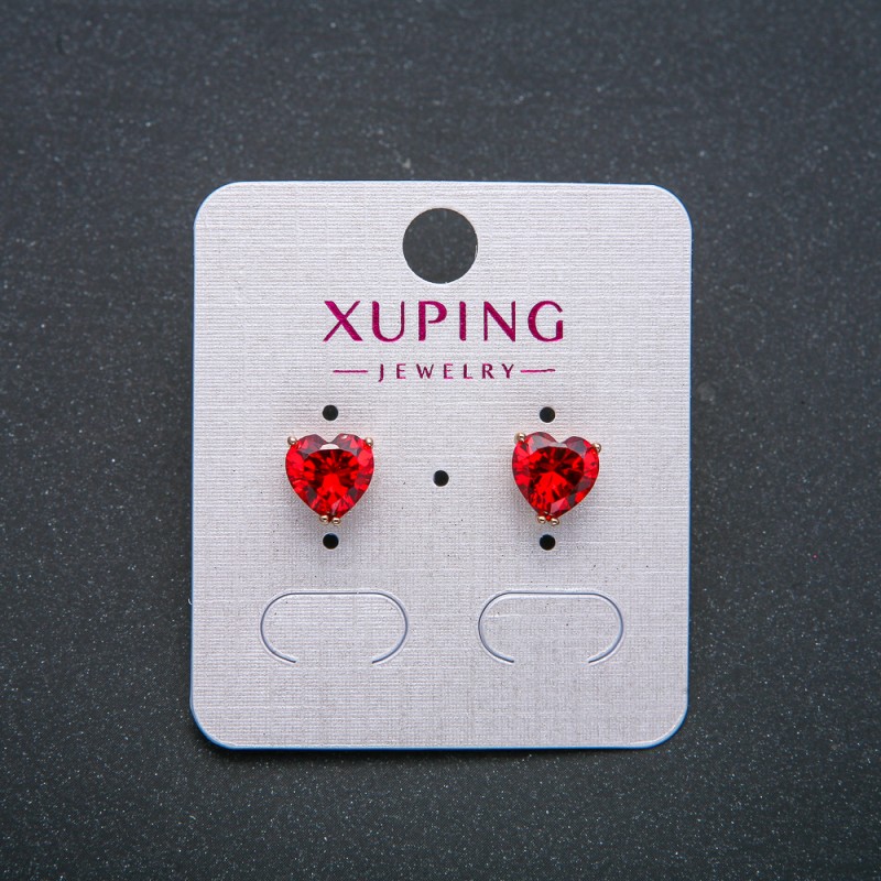 עגילי לב Xuping — עגילים מסמרים בצורת לב, זהב מצופה 18K עם גביש אדום, קוטר 8 מ״מ