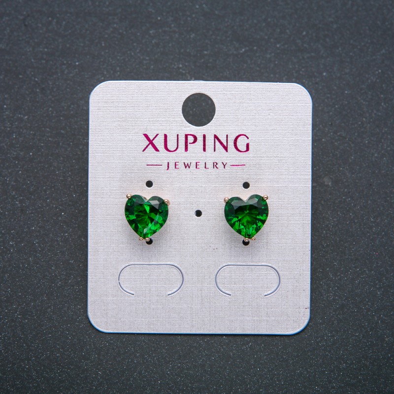 עגילי לב Xuping, עגלי סטוד בציפוי זהב 18K עם קריסטל ירוק, קוטר 8 מ״מ +
