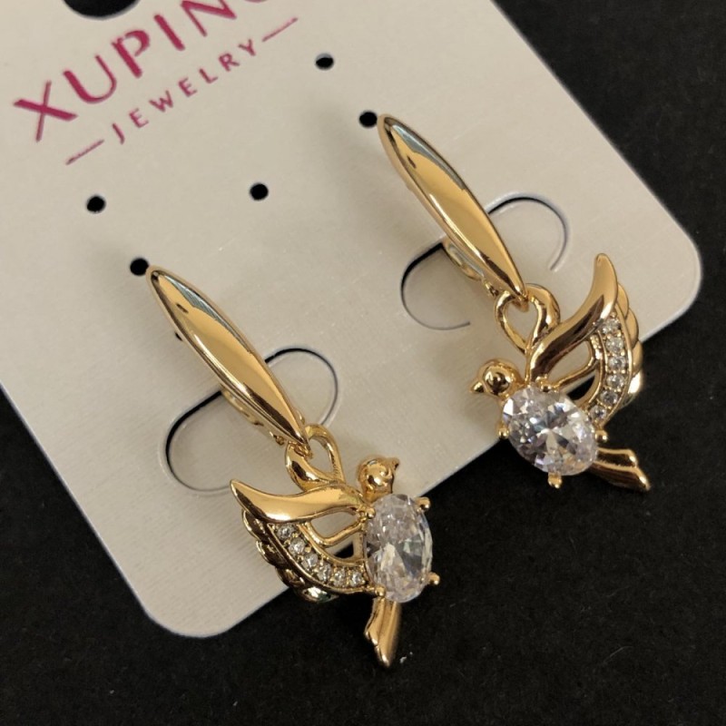עגילי ציפורים Xuping ציפוי זהב 18 קראט עם אבני זרקון לבנות וקריסטלים, קוטר 32×12 מ״מ +