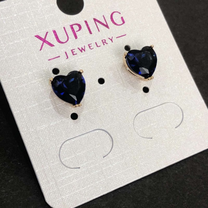 עגילי סטוד לב Xuping — עגילי סטוד בציפוי זהב 18K עם קריסטל כחול כהה, קוטר 8 מ״מ