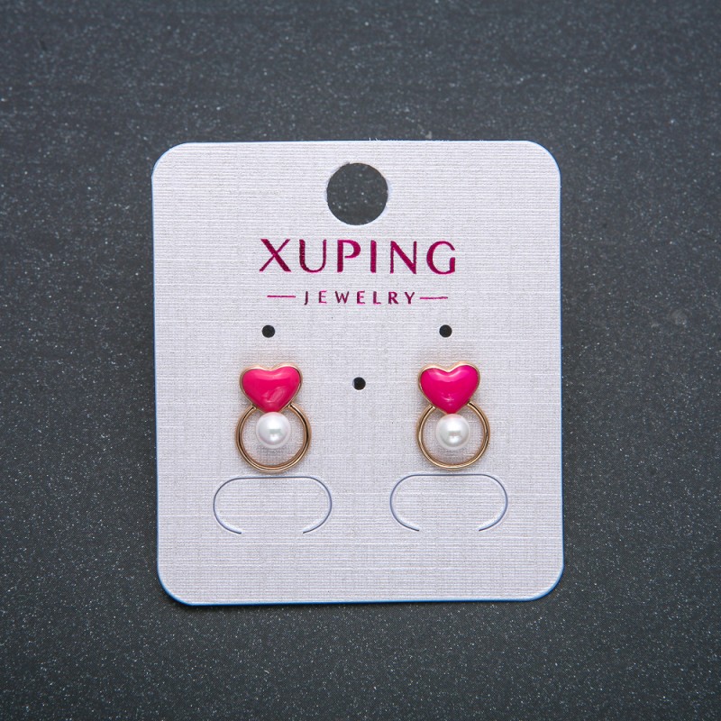 עגילים בצורת לב Xuping — עגילי פוסטים, כדורונים, זהב 18K עם אמייל ורוד וחרוז לבן, קוטר 12×8 מ״מ +