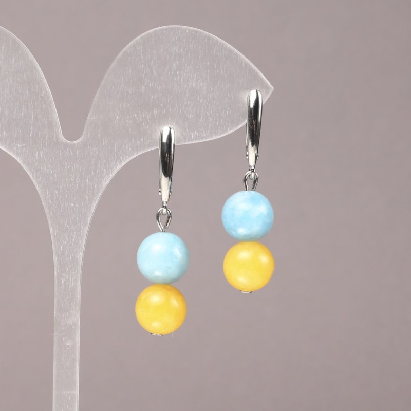 עגילים מאבנים טבעיות: אקוומרין וציטרין, קוטר 10 מ״מ, אורך 40 מ״מ