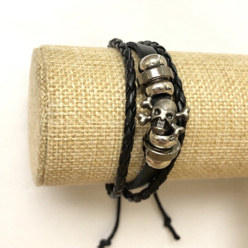 צמיד עור אקולוגי עם גלוגולת מתכווננת, אורך 18–24 ס״מ שחור