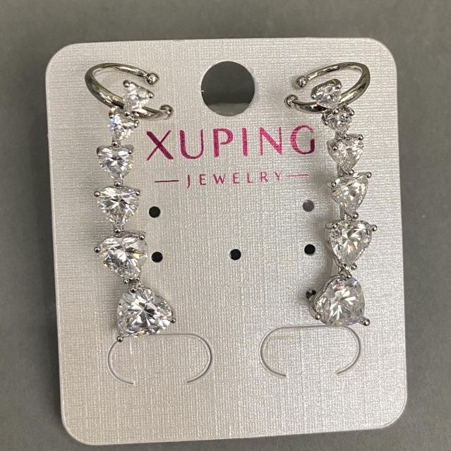 עגיל סטוד Xuping רודיום עם קריסטלים לבנים בצורת לב 32×10 מ״מ +