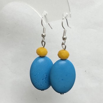 עגילים בטורקיז כחול בצורה אליפטית 18×25 מ״מ +- ורונדל זכוכית 8×6 מ״מ +-, אורך 50 מ״מ+