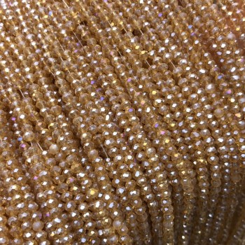 חרוזי קריסטל צ'כי על חוט דיג בצבע כתום-אפרסק שקוף עם זוהר בנזין, רונדל מחוספס, קוטר 3×2.5 מ״מ, אורך 36 ס״מ +