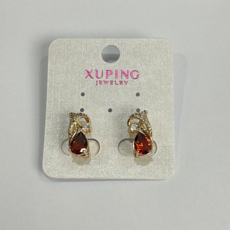 עגילים Xuping עם אבנים אדומות וזירקונים לבנים 8×15 מ״מ בזהב 18K