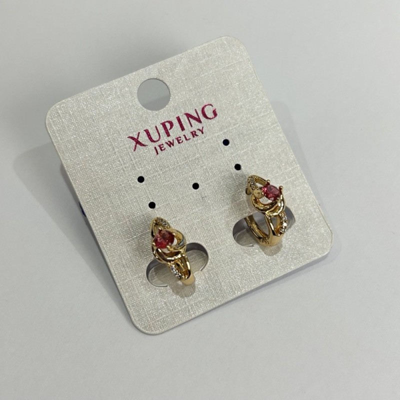 עגילי Xuping עם קריסטלים ורודים וזירקונים לבנים, 14×7 מ״م, מצופים בזהב 18K