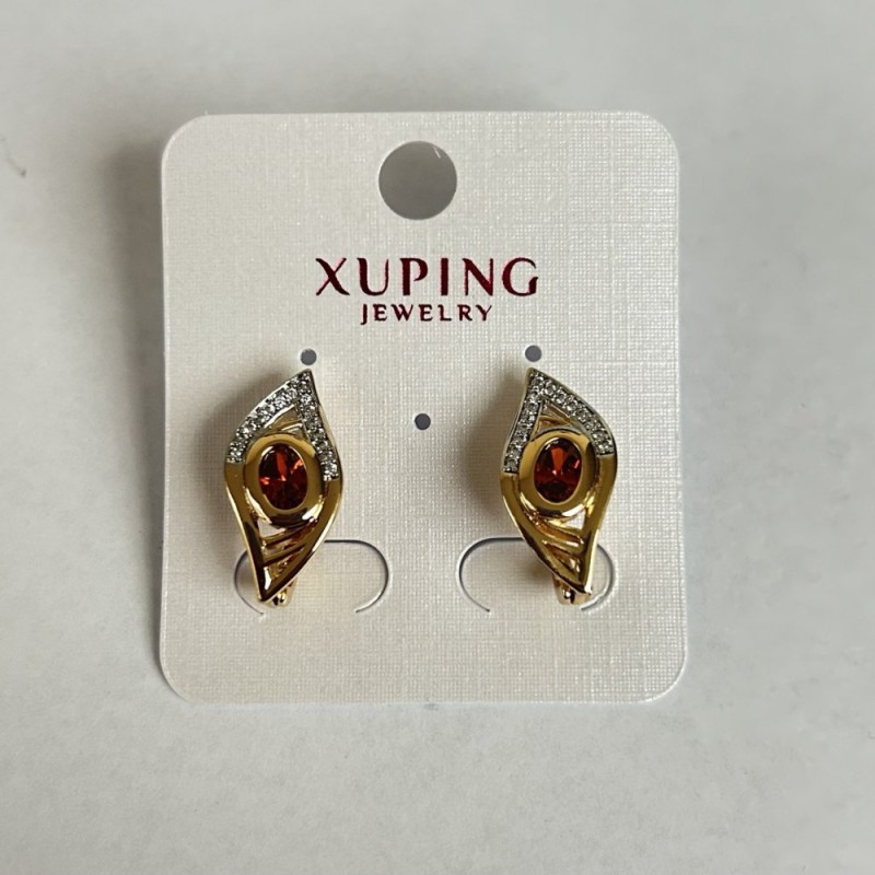עגילים Xuping עם אבן אדומה ואבני סטרז לבנות, 20×10 מ״מ, ורודיום, זהב מצופה 18 קראט