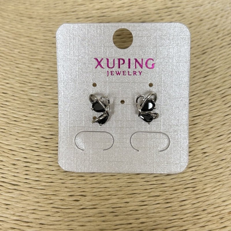עגילי סטוד Xuping בציפוי ורודיום עם קריסטלים שחורים, קוטר 12×8 מ״מ +